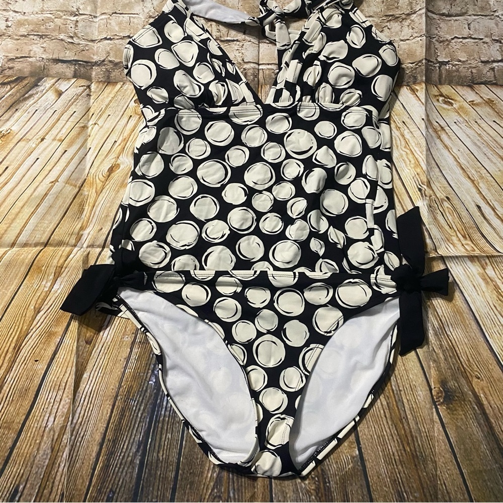 Liz Claiborne Tankini Black Cream Polka Dot Swimsuit